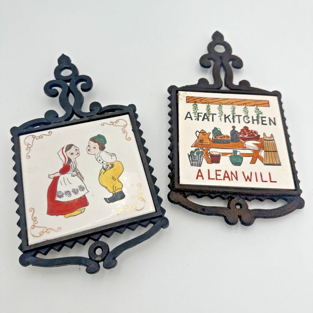 2 Vintage MCM 1970s Wall Trivets Ceramic Japan "A Fat Kitchen a Lean Will"